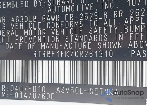 2012 Toyota Camry Le from USA, damaged, VIN 4T4BF1FK7CR261310